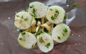 Prepped Herbed and Seasoned Garlic and Onions