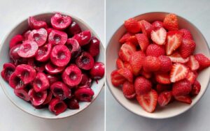 Pitting Fresh Cherries And Halved Strawberries